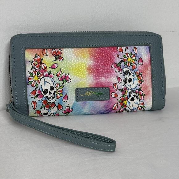 Ed Hardy Wallet Womens Skull Floral Zip Around Wristlet Tattoo Art Multicolor - Picture 1 of 8